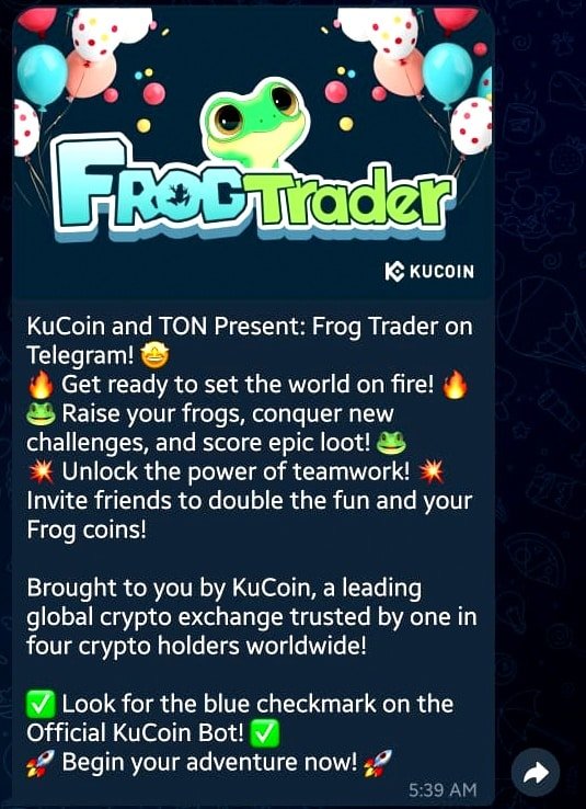 Join the Frog Trader: Powered by Kucoin and Ton Foundation on Telegram